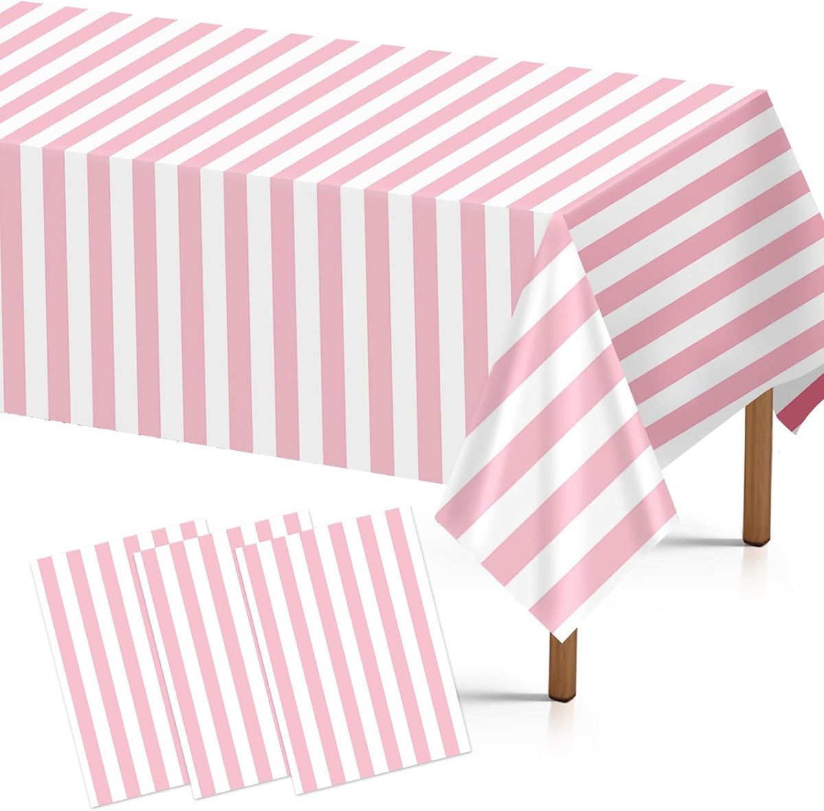 Grencian 3-piece pink striped tablecloth set with pink white carnival stripe design