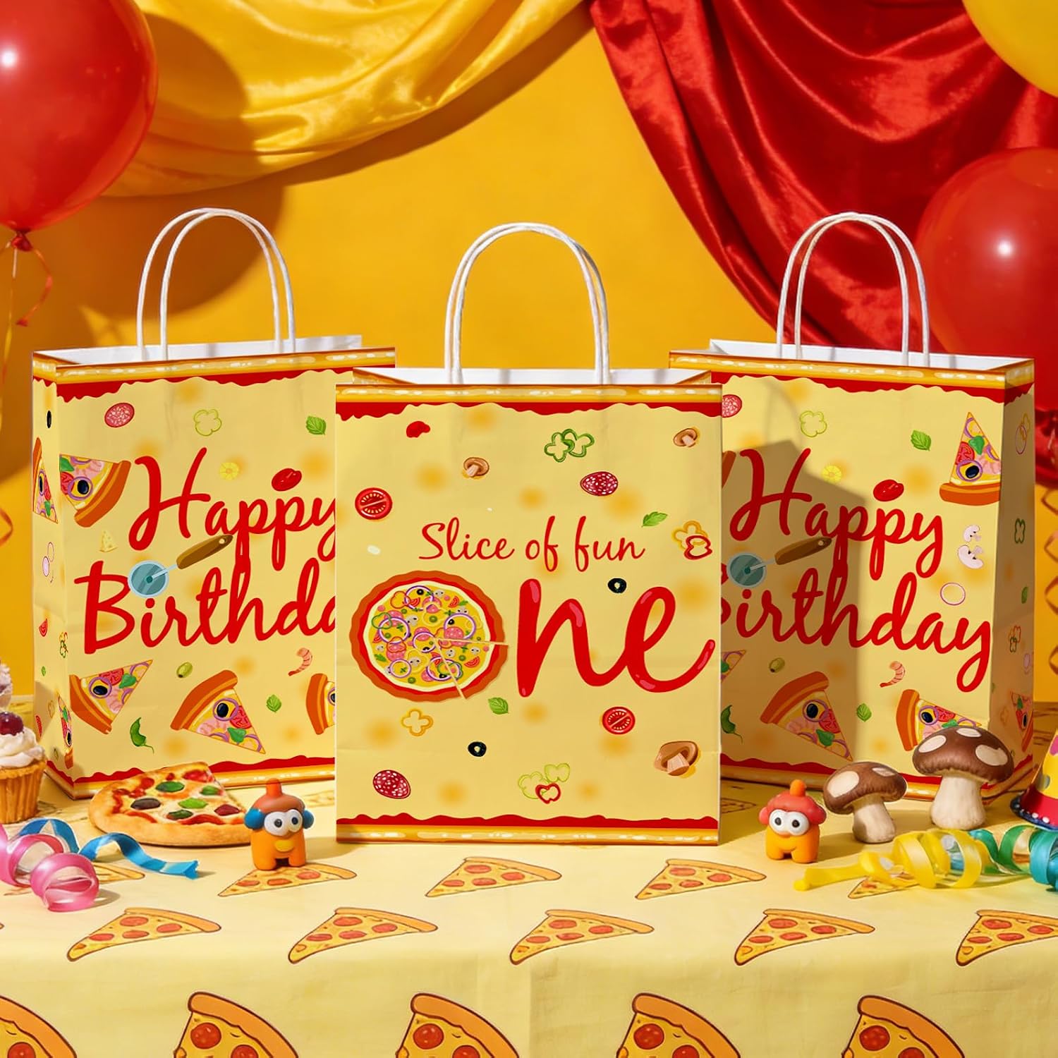 Package contents infographic showing 16 pizza 1st birthday favor bags