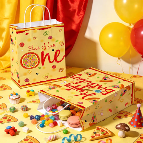 Lifestyle shot of pizza goodie bags filled with candy and small gifts