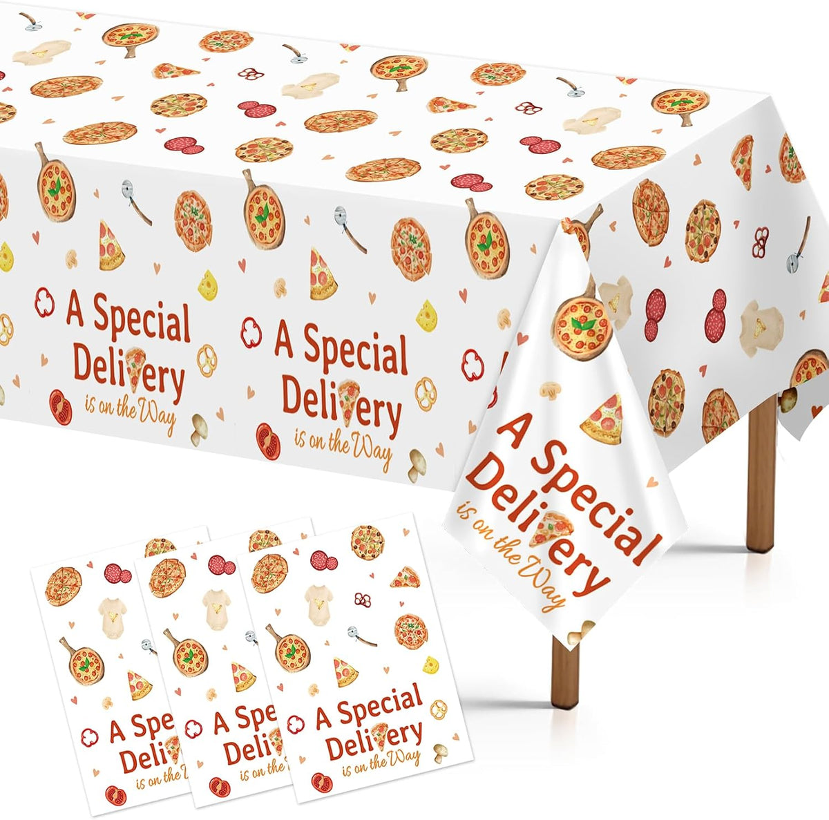 Grencian 3-piece Slice Slice Baby pizza shower tablecloth set with special delivery design