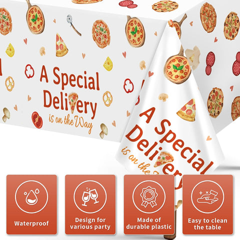 Close-up of pizza plastic tablecloth with Slice Slice Baby lettering