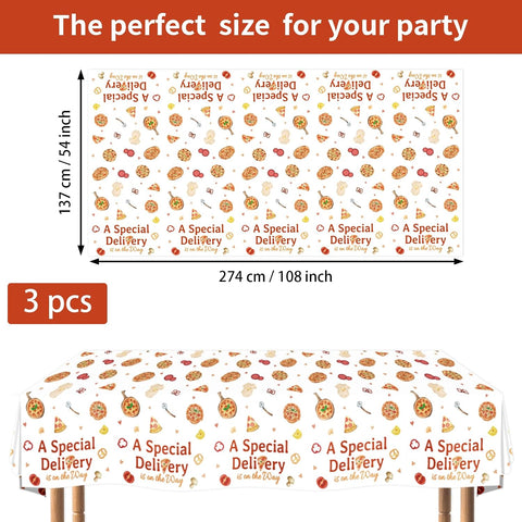 Flat lay of three pizza baby shower tablecloths
