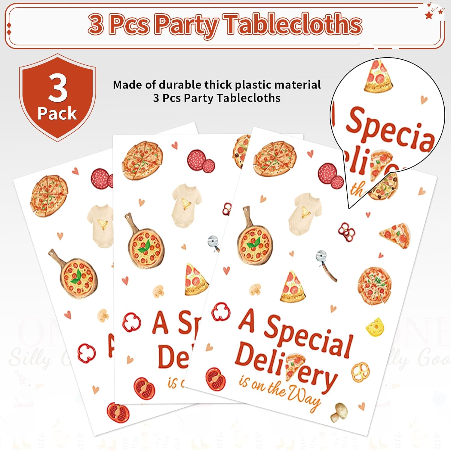Baby shower tablecloth draped on party table with pizza themed decorations