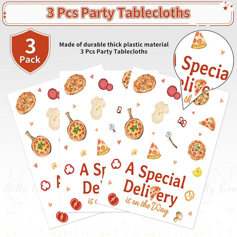Baby shower tablecloth draped on party table with pizza themed decorations