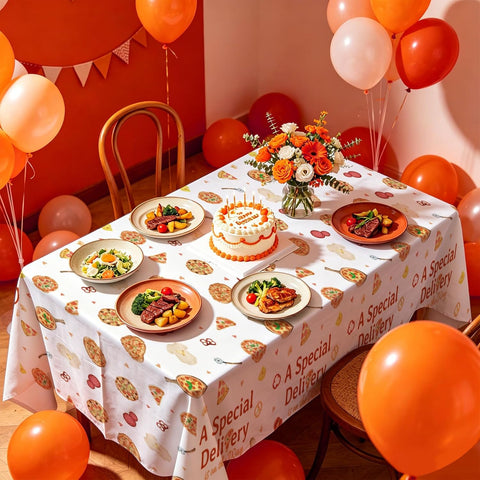 Gender reveal baby shower party scene with pizza themed tablecloth