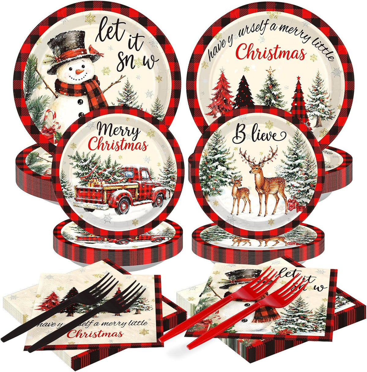 200Pcs Snowman Plaid Christmas Plates Napkins Set - Grencian