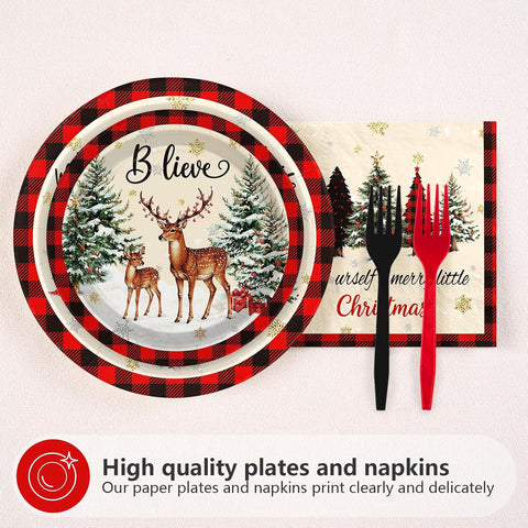 200Pcs Snowman Plaid Christmas Plates Napkins Set - Grencian