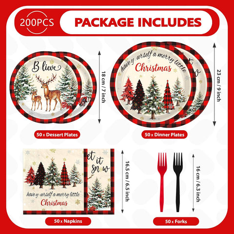 200Pcs Snowman Plaid Christmas Plates Napkins Set - Grencian