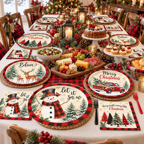 200Pcs Snowman Plaid Christmas Plates Napkins Set - Grencian