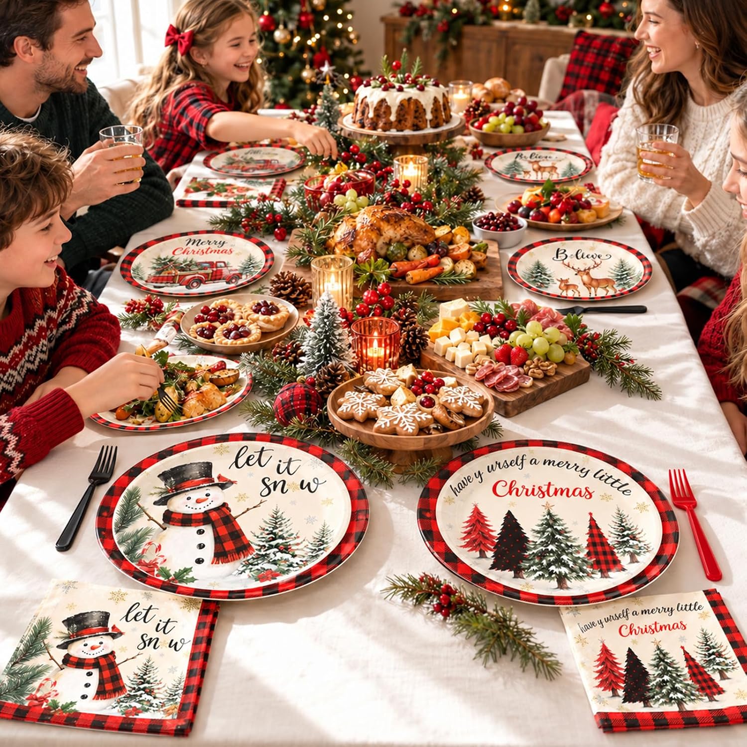 200Pcs Snowman Plaid Christmas Plates Napkins Set - Grencian