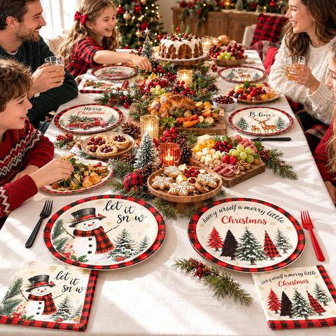 200Pcs Snowman Plaid Christmas Plates Napkins Set - Grencian