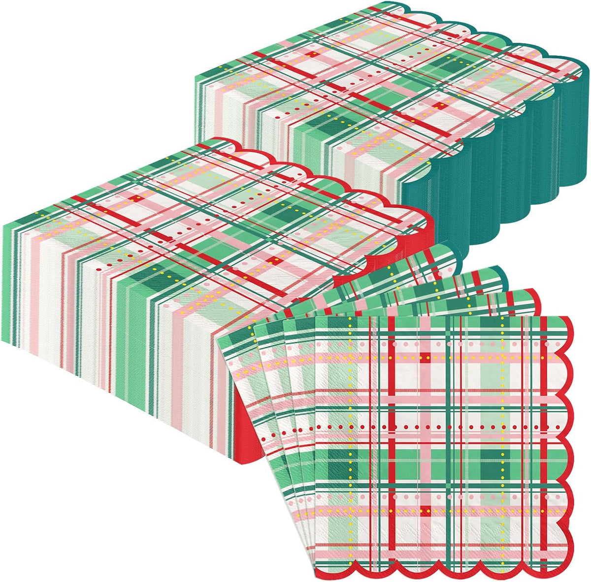 Grencian 50Pcs Christmas Plaid Scalloped Napkins 3 Ply 6.5 In - Grencian