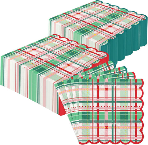 Grencian 50Pcs Christmas Plaid Scalloped Napkins 3 Ply 6.5 In - Grencian