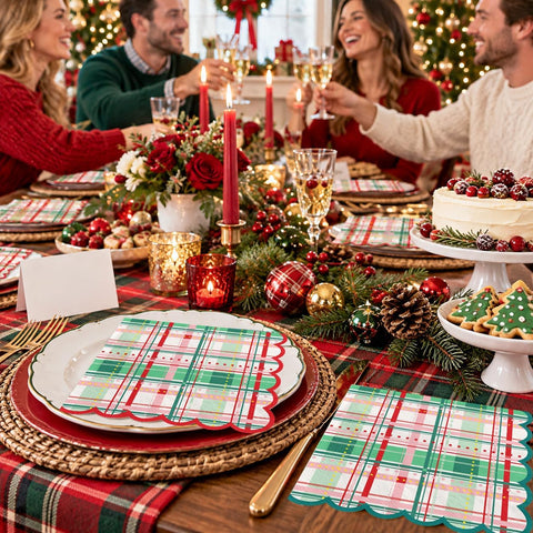 Grencian 50Pcs Christmas Plaid Scalloped Napkins 3 Ply 6.5 In - Grencian