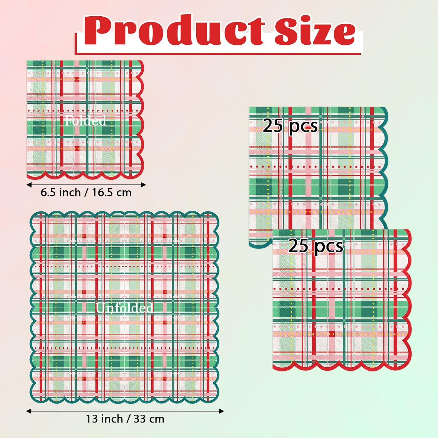 Grencian 50Pcs Christmas Plaid Scalloped Napkins 3 Ply 6.5 In - Grencian