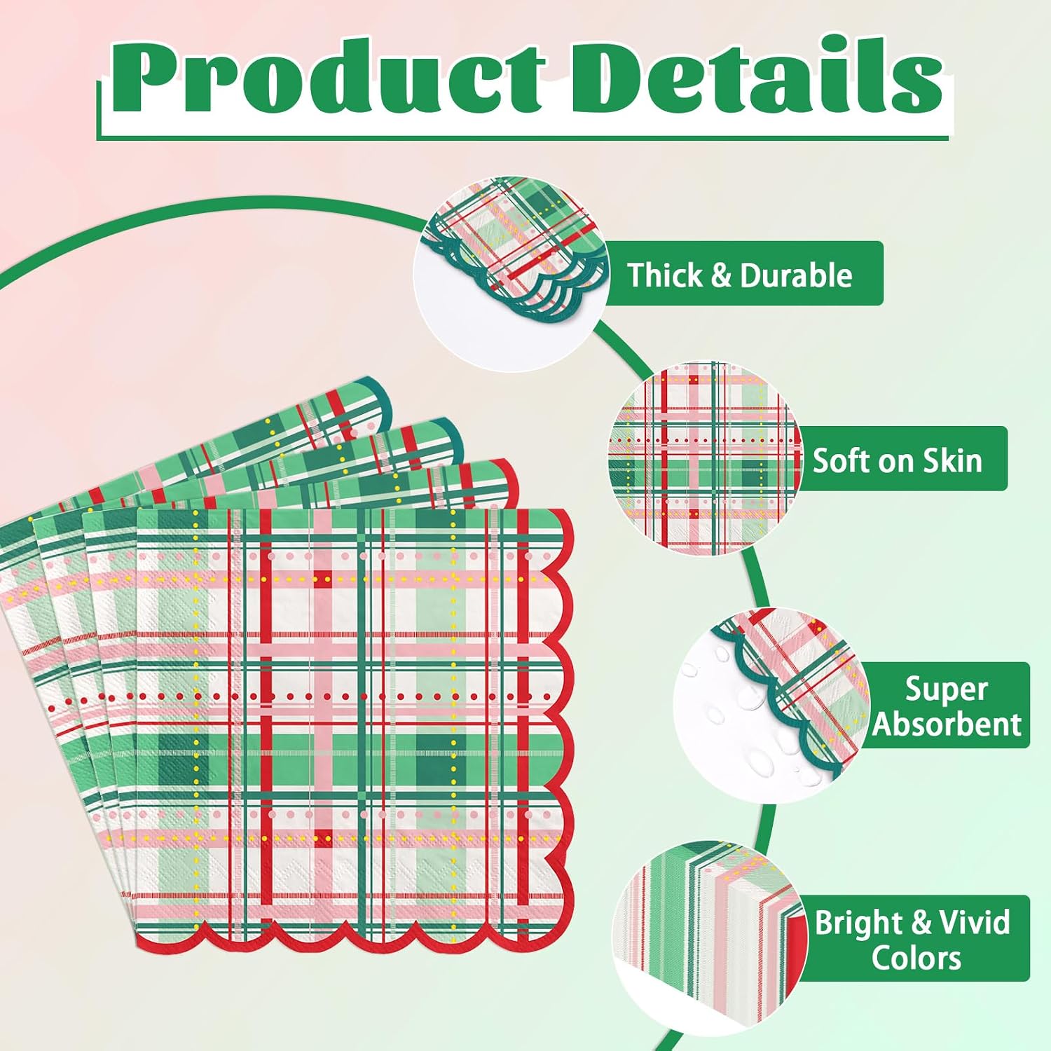Grencian 50Pcs Christmas Plaid Scalloped Napkins 3 Ply 6.5 In - Grencian