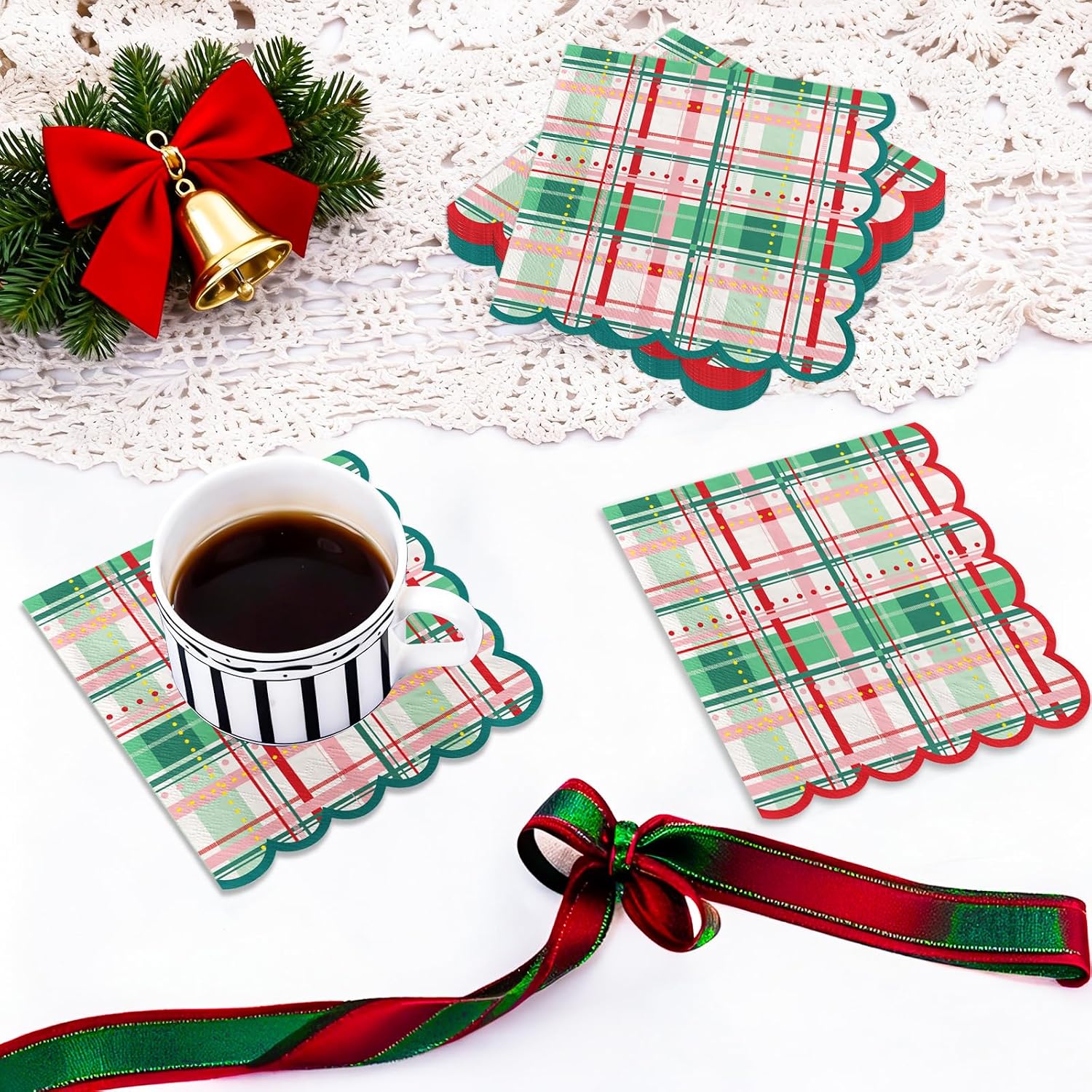 Grencian 50Pcs Christmas Plaid Scalloped Napkins 3 Ply 6.5 In - Grencian