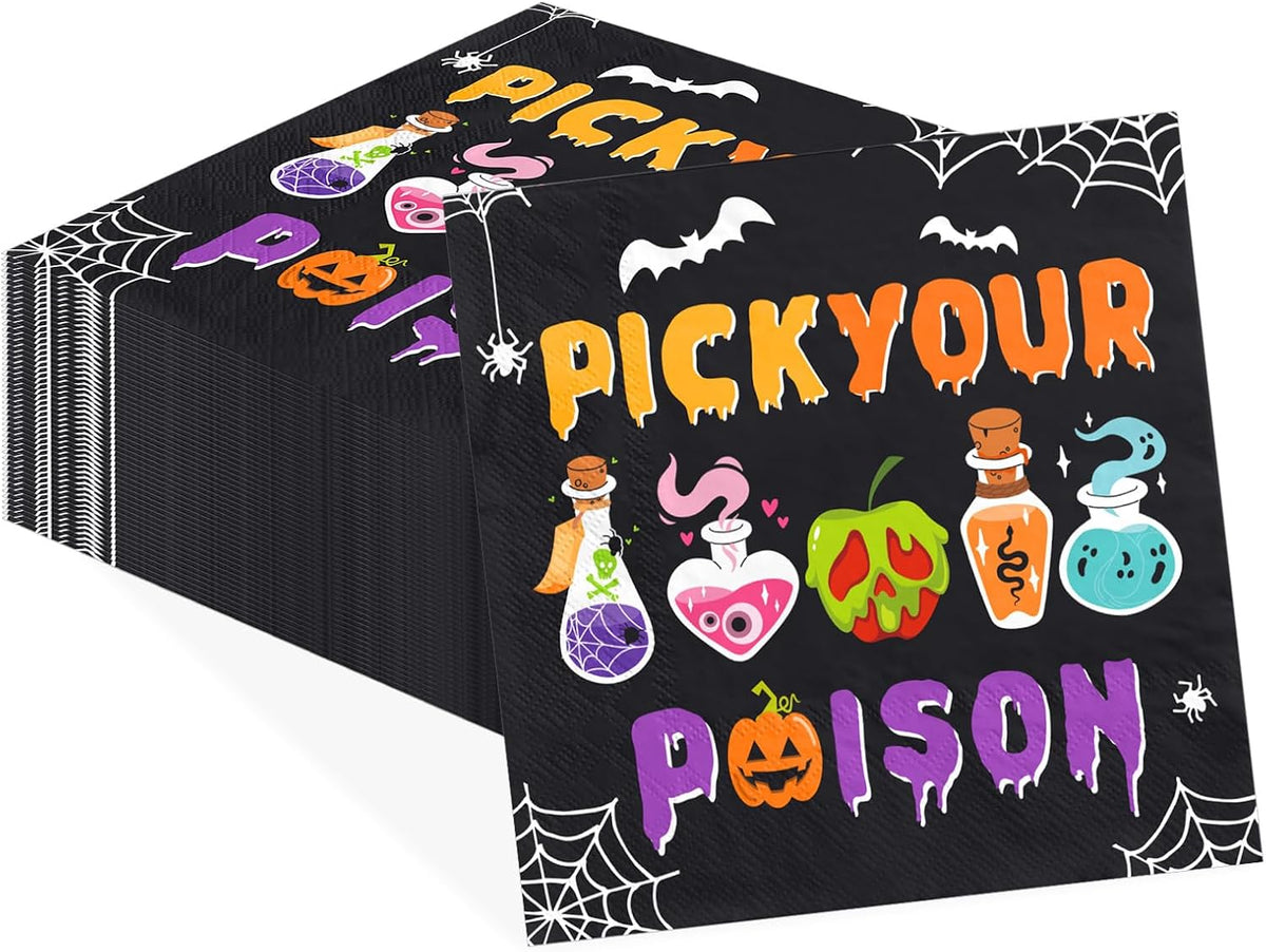 Black Pick Your Poison Halloween cocktail napkin with bubbling potion bottles