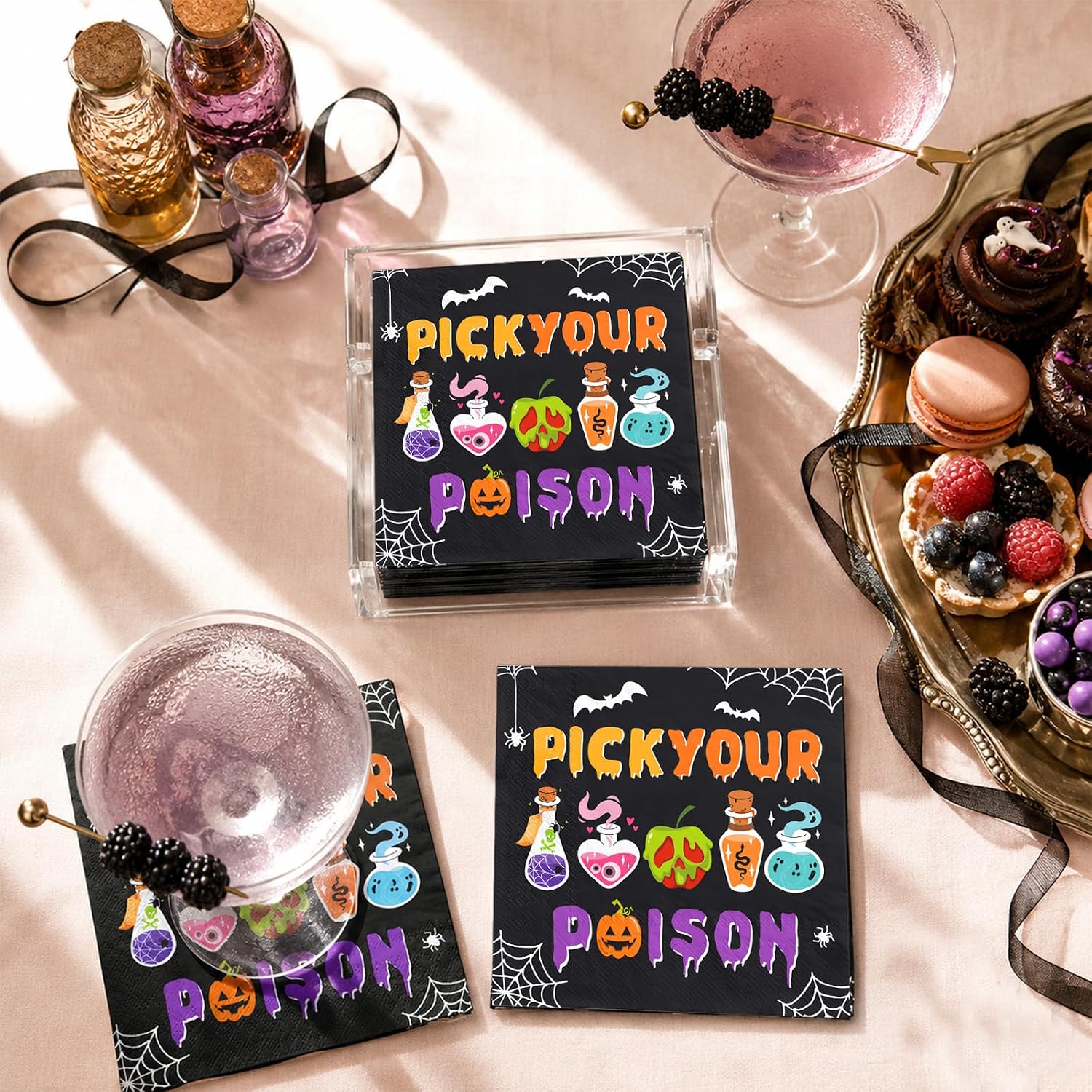 Unfolded ten inch Halloween cocktail napkin showing the full potion design