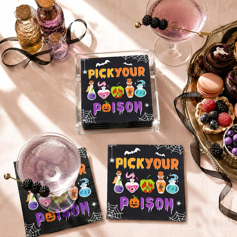 Unfolded ten inch Halloween cocktail napkin showing the full potion design