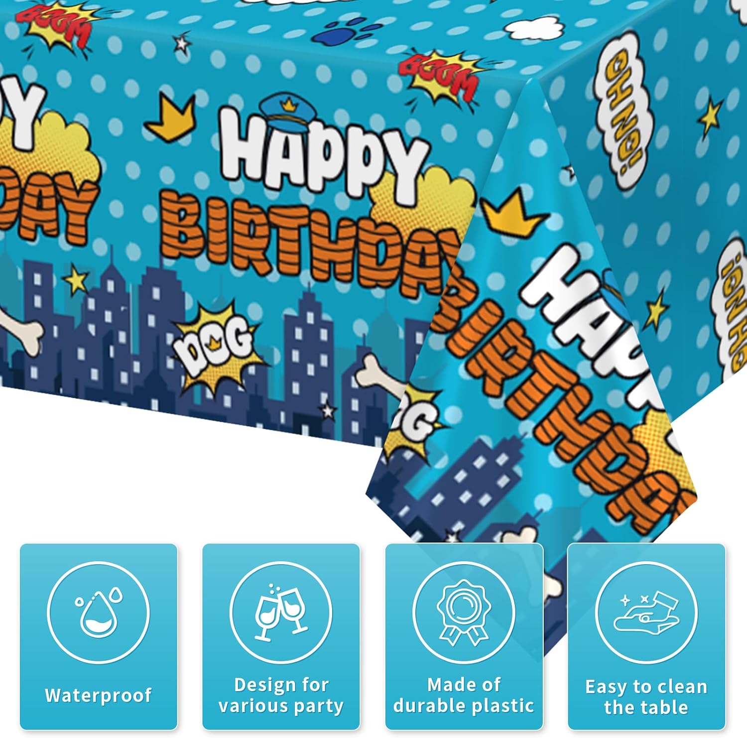 Close-up of police dog plastic tablecloth with cartoon dog and Happy Birthday lettering