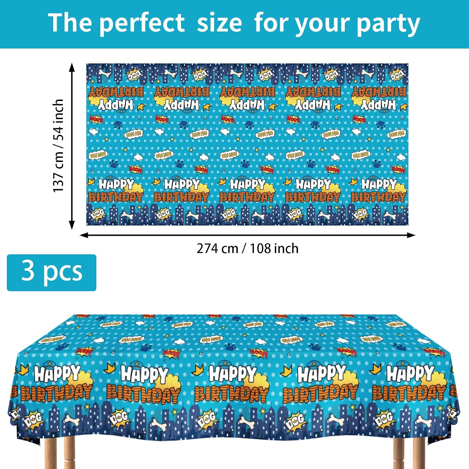 Flat lay of three police dog birthday tablecloths with cartoon hero dogs
