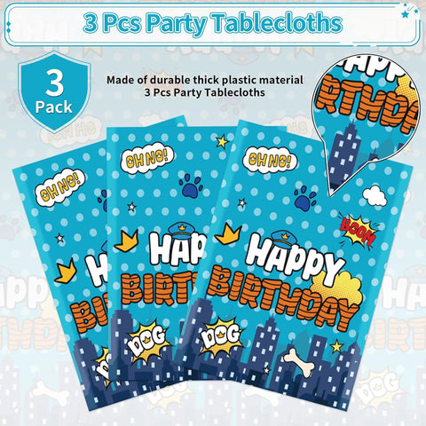 Police dog birthday tablecloth draped on party table with hero themed decorations