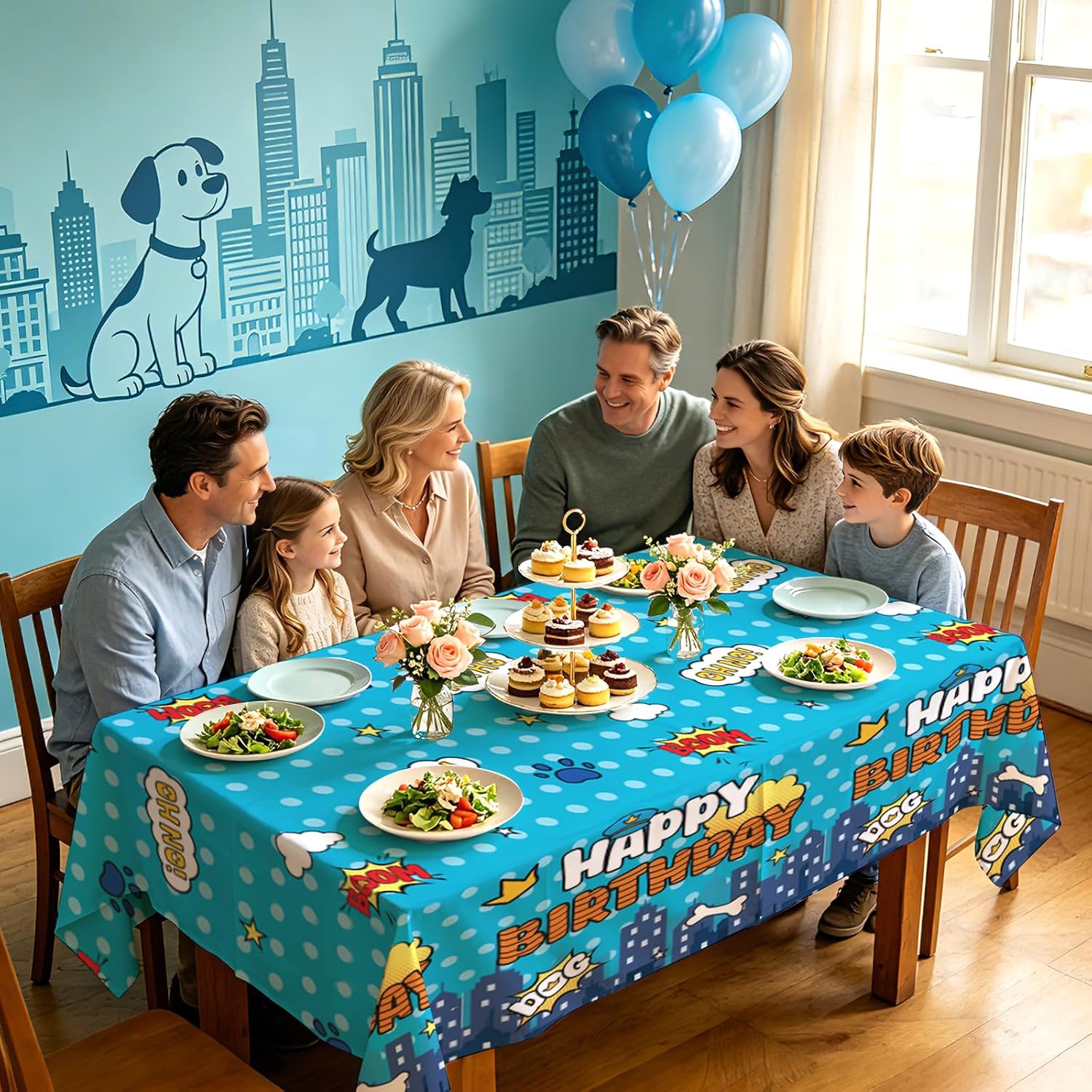 Kids birthday party scene with police dog cartoon themed tablecloth