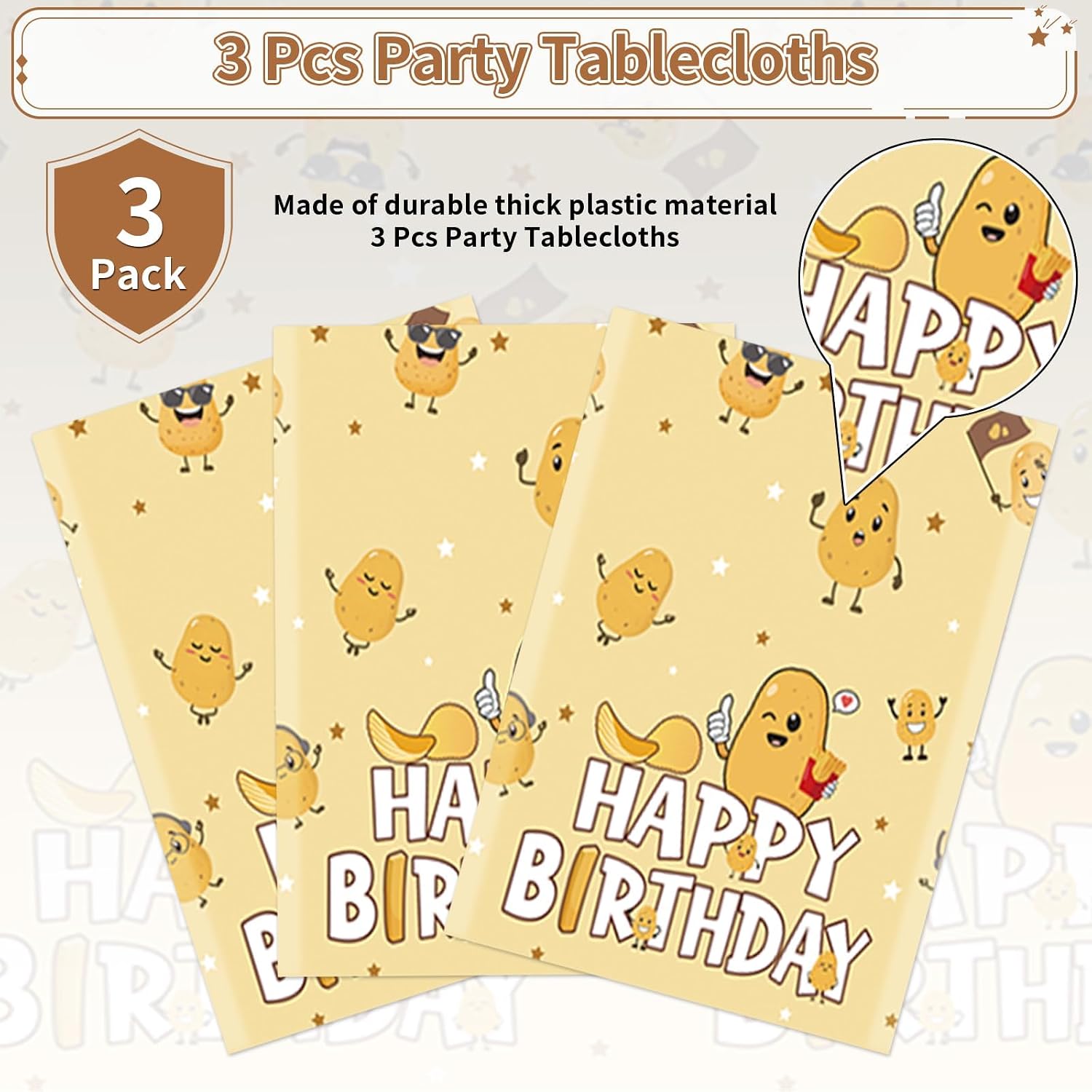Close-up of cartoon potato plastic tablecloth with cute styling