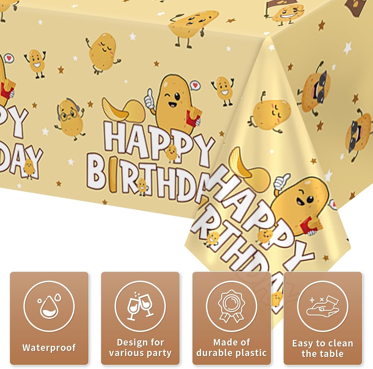 Flat lay of three potato tablecloths with chip theme