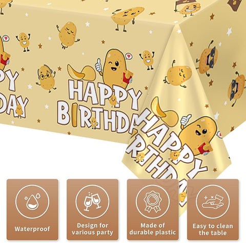 Flat lay of three potato tablecloths with chip theme