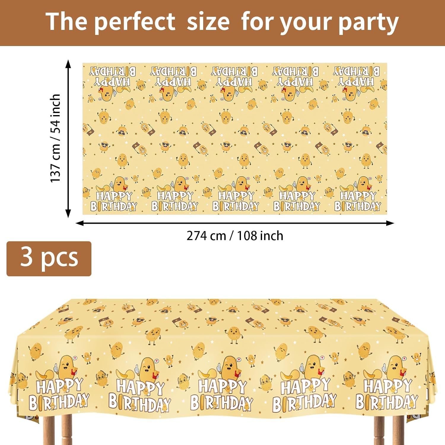Potato birthday tablecloth draped on party table with chip themed decorations