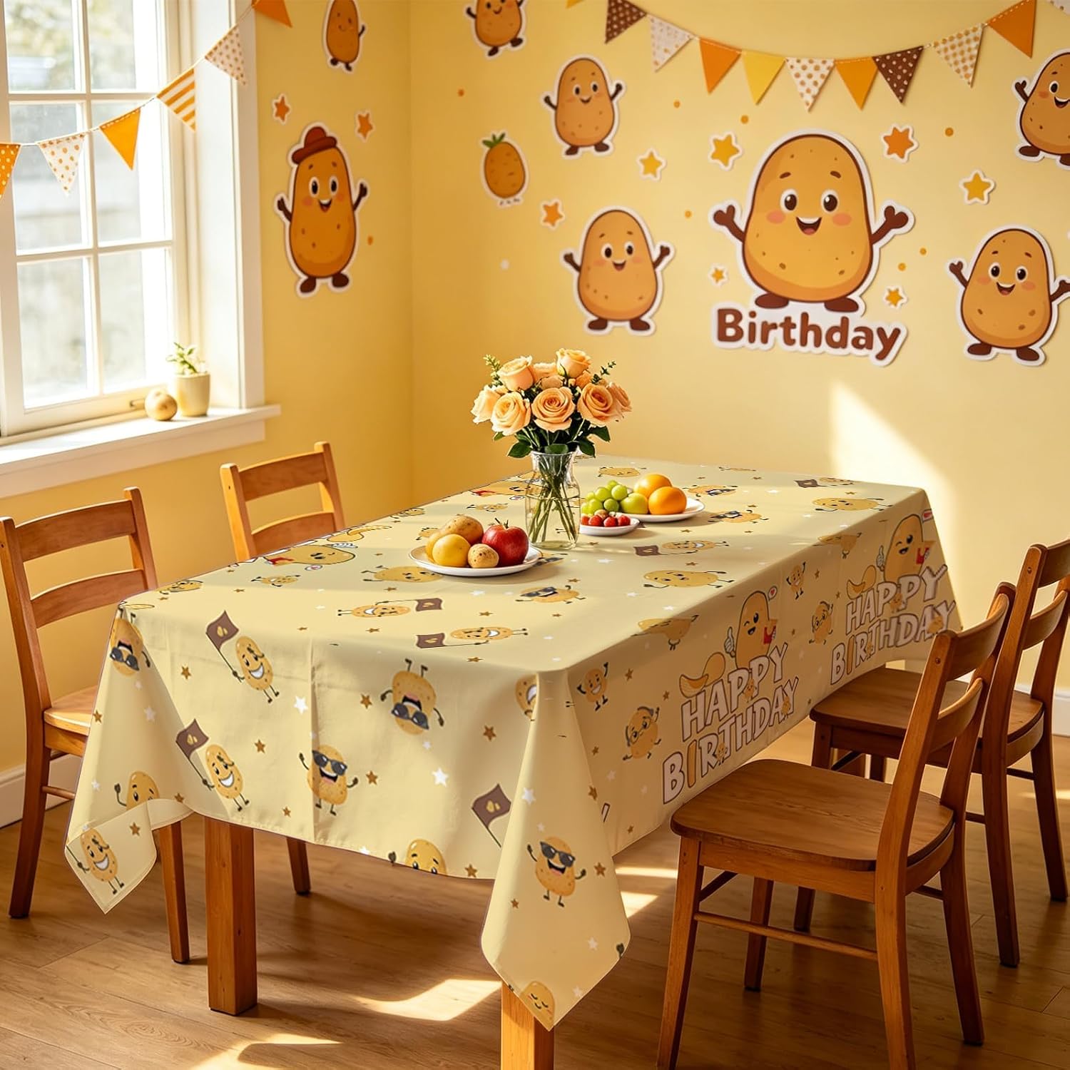 Package contents infographic showing 3 Grencian potato tablecloths
