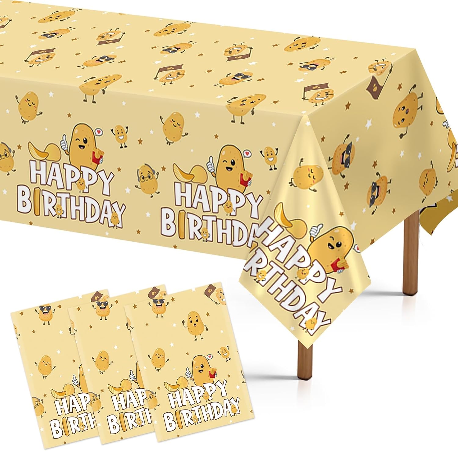 Grencian 3-piece cute potato birthday tablecloth set with cartoon design