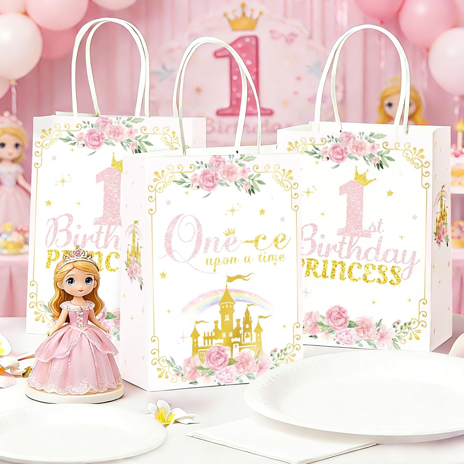 Package contents infographic showing 16 princess 1st birthday favor bags