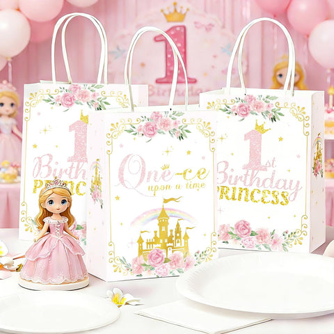 Package contents infographic showing 16 princess 1st birthday favor bags