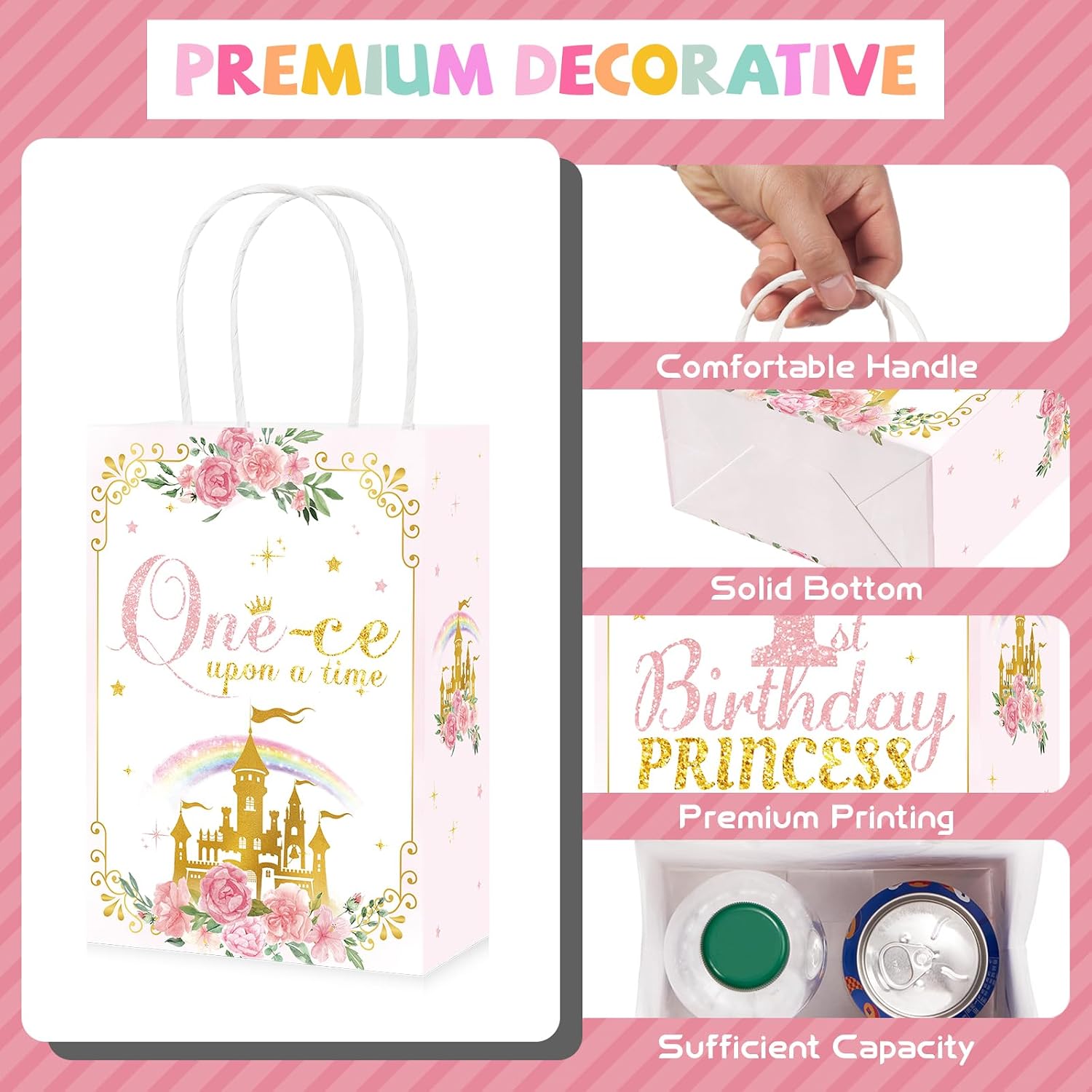 Pink princess fairytale paper gift bag with handles