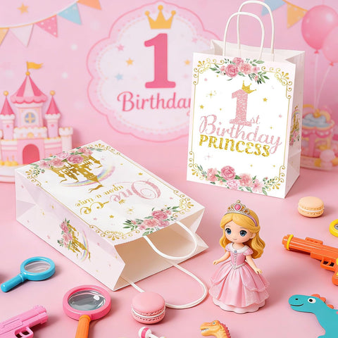Lifestyle shot of princess goodie bags filled with candy and gifts