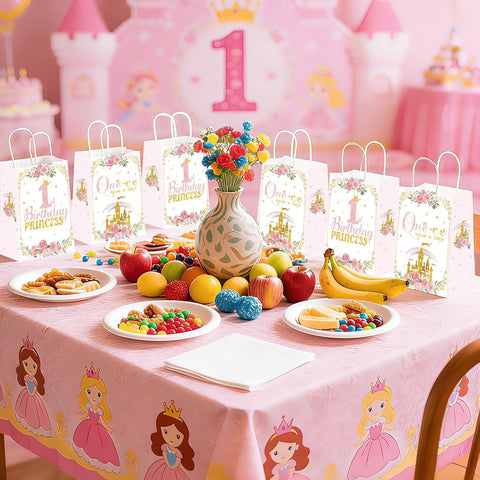 Girls 1st birthday party scene with princess castle themed goodie bags