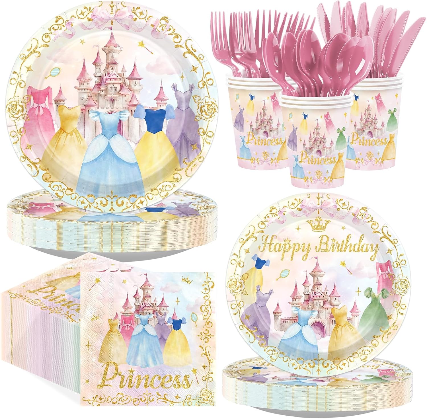 168Pcs Princess Birthday Party Supplies Serves 24 - Grencian