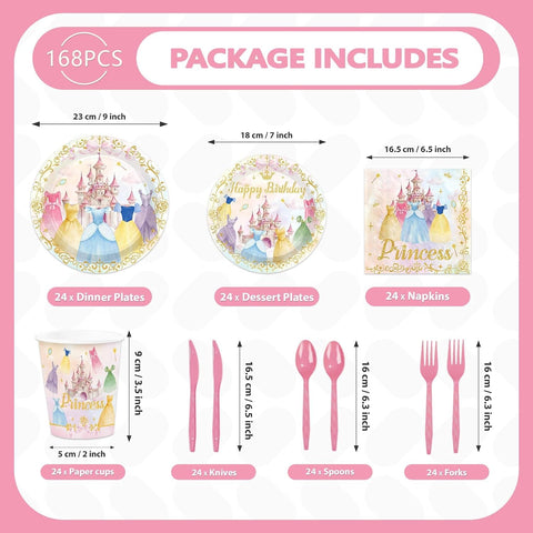 168Pcs Princess Birthday Party Supplies Serves 24 - Grencian