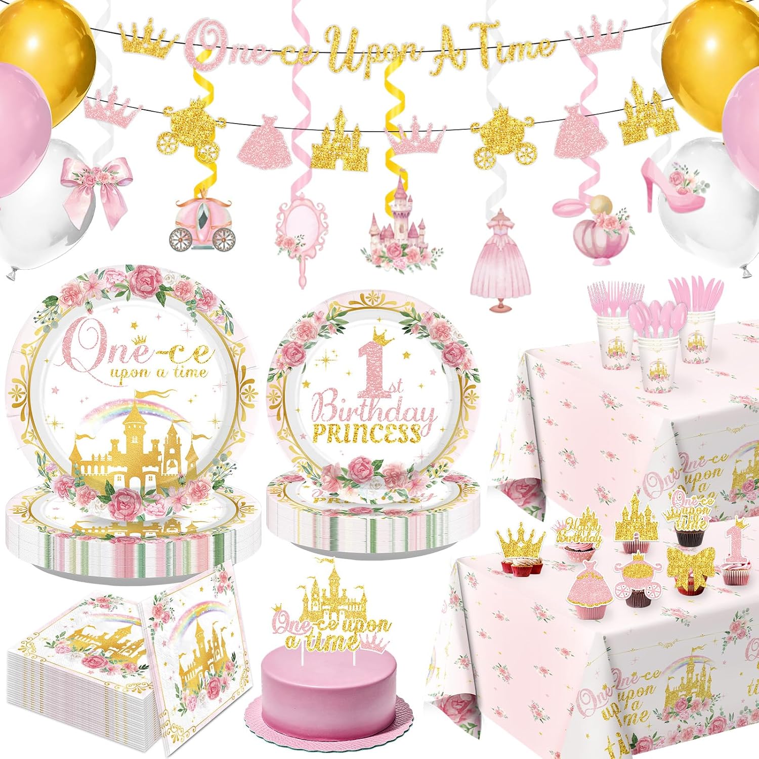 205Pcs Princess 1st Birthday Party Supplies Serves 24 - Grencian