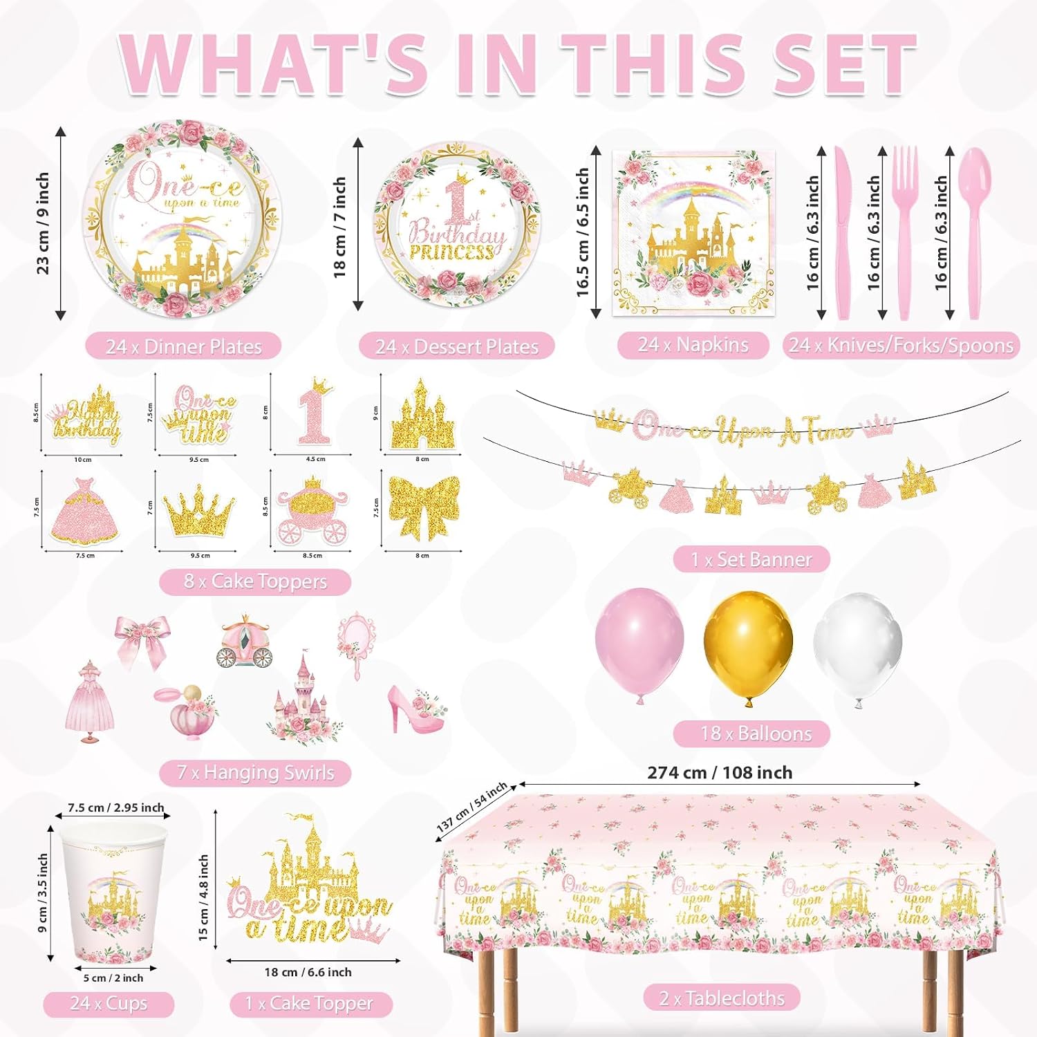 205Pcs Princess 1st Birthday Party Supplies Serves 24 - Grencian