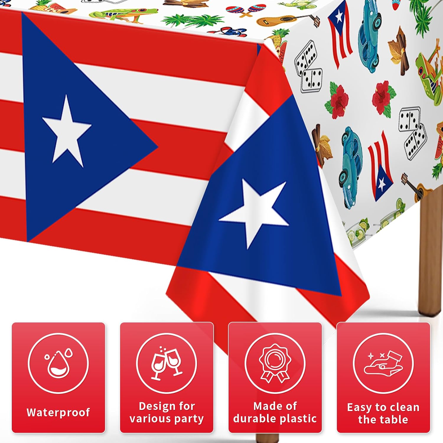 Close-up of Puerto Rican flag plastic tablecloth with cultural design