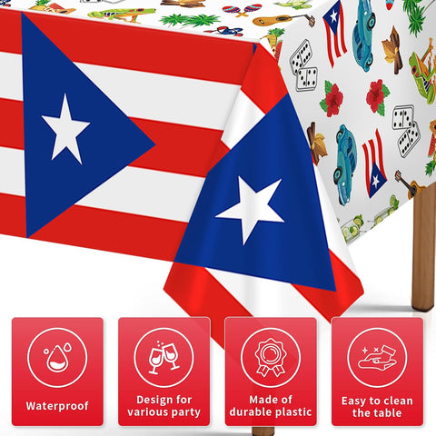 Close-up of Puerto Rican flag plastic tablecloth with cultural design