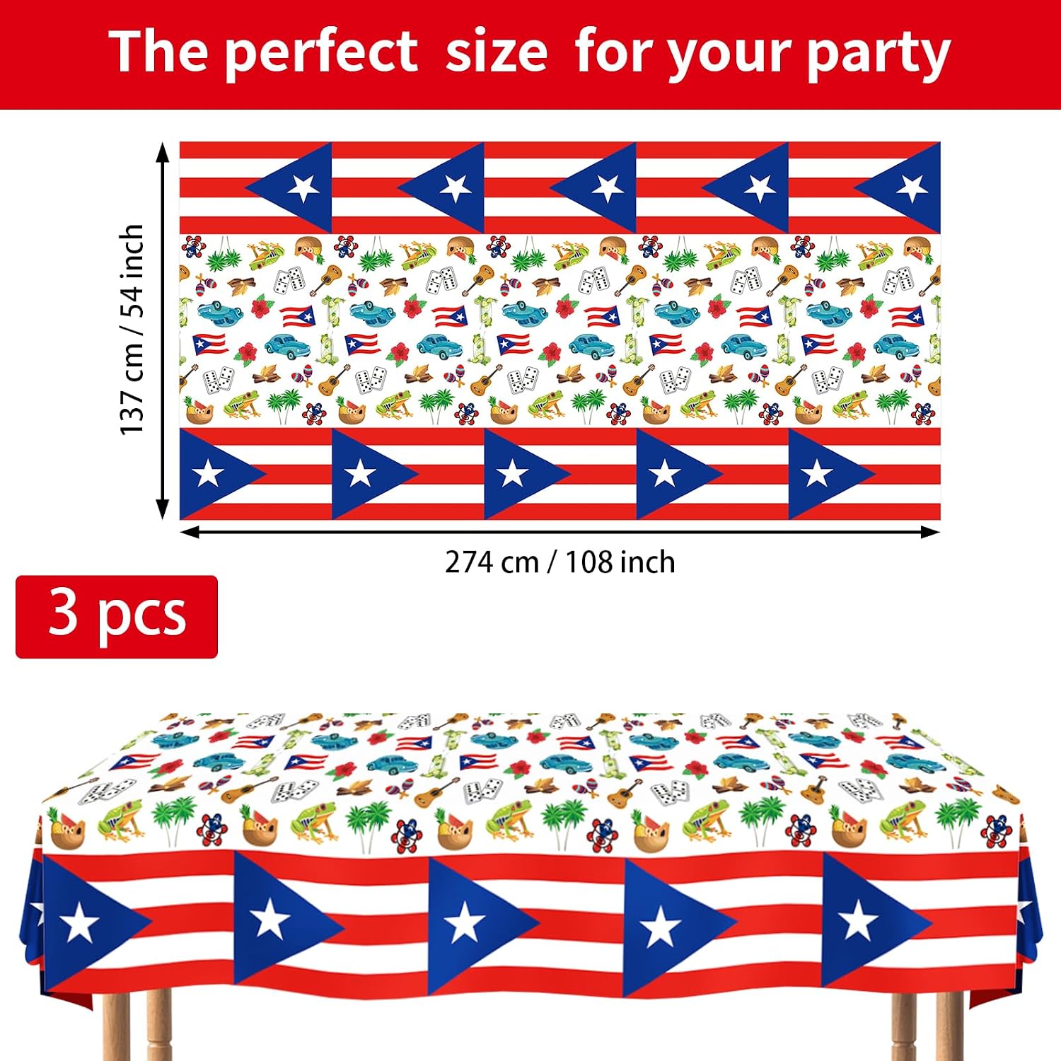 Flat lay of three Puerto Rico tablecloths with boricua flag pattern