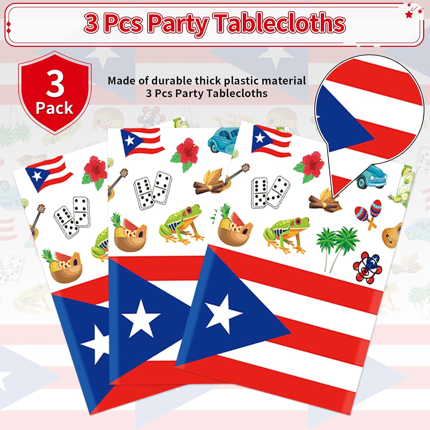 Puerto Rico tablecloth draped on party table with Caribbean themed decorations