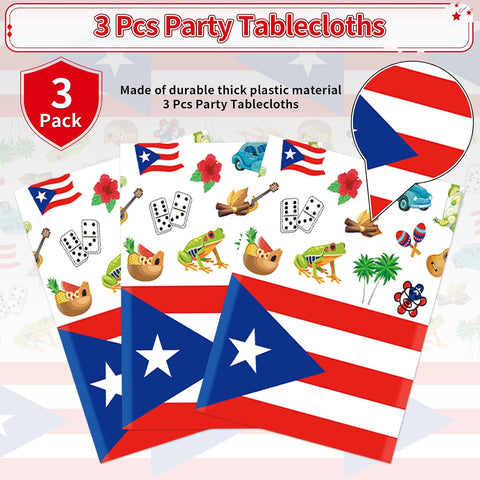 Puerto Rico tablecloth draped on party table with Caribbean themed decorations