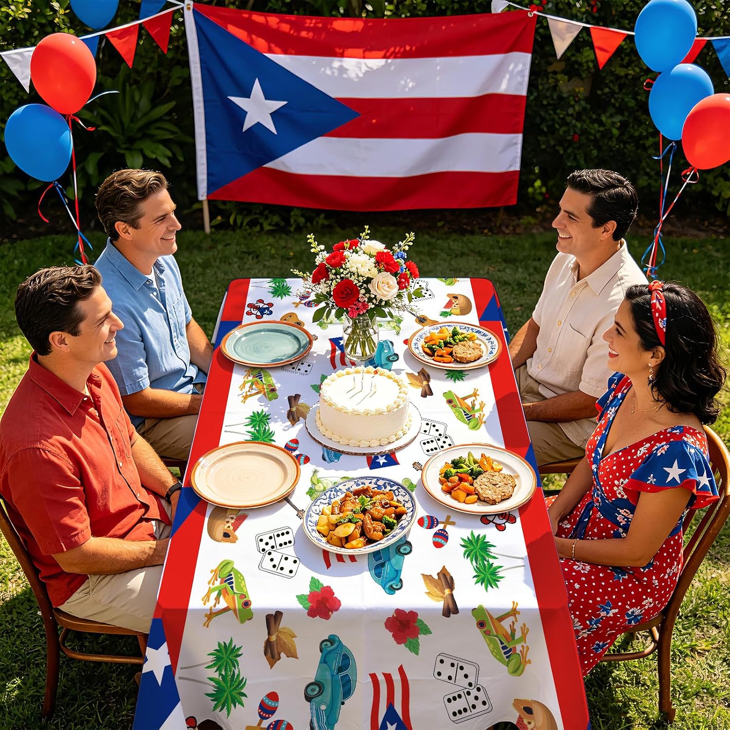 Package contents infographic showing 3 Grencian Puerto Rico tablecloths