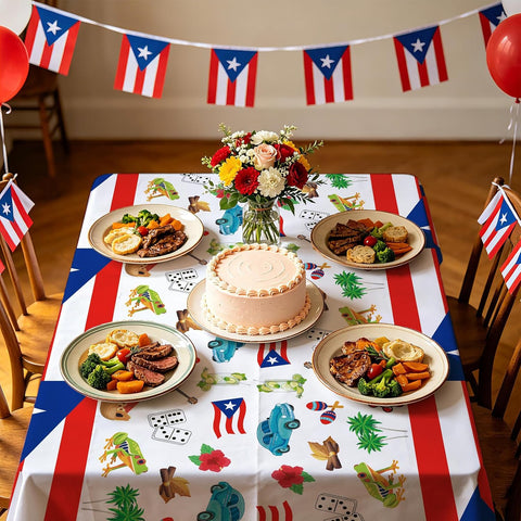 Caribbean national day party scene with Puerto Rican flag tablecloth